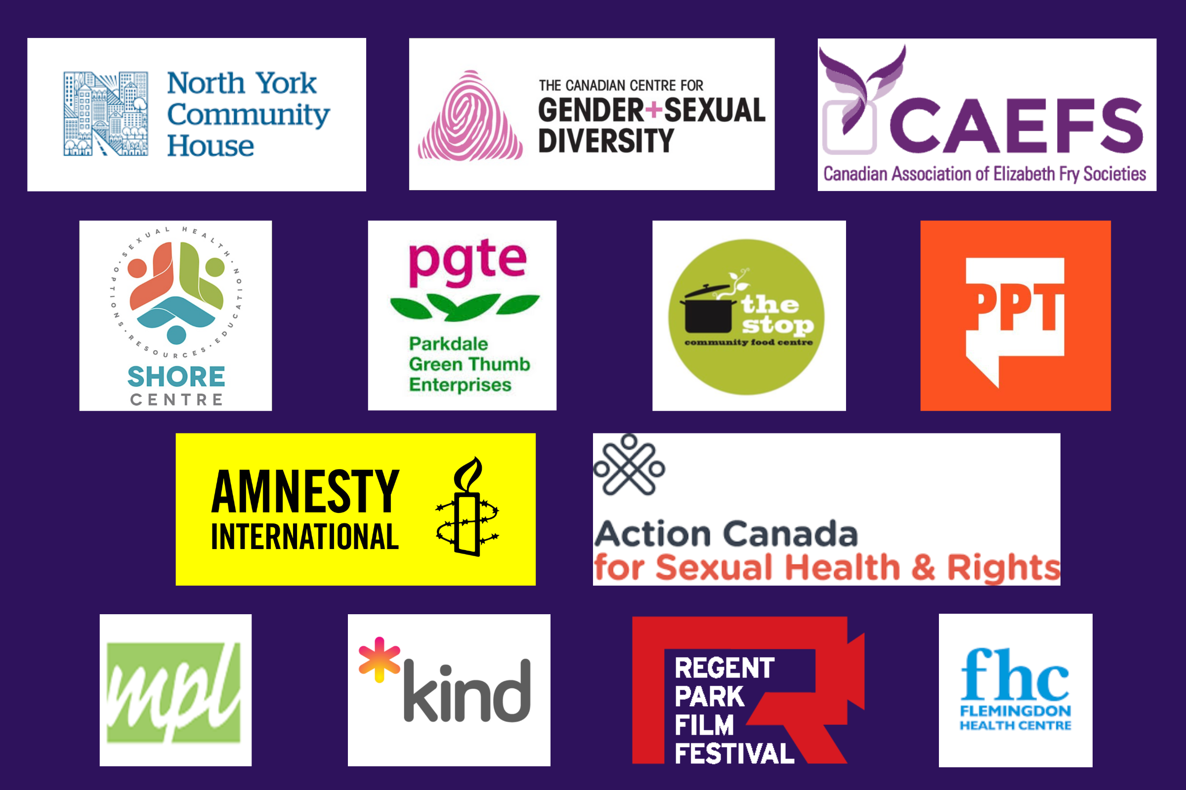 blue background with logos of multiple clients including: north york community house, the canadian centre for gender and sexual diversity, CAEFS the canadian association of elizabeth fry societies, Shore centre, PGTE - parkdale green thumb enterprises, the stop community food centre, PPT, amnesty international, action canada for sexual health and rights, mpl, kind, regent park film festival, flemingdon health centre